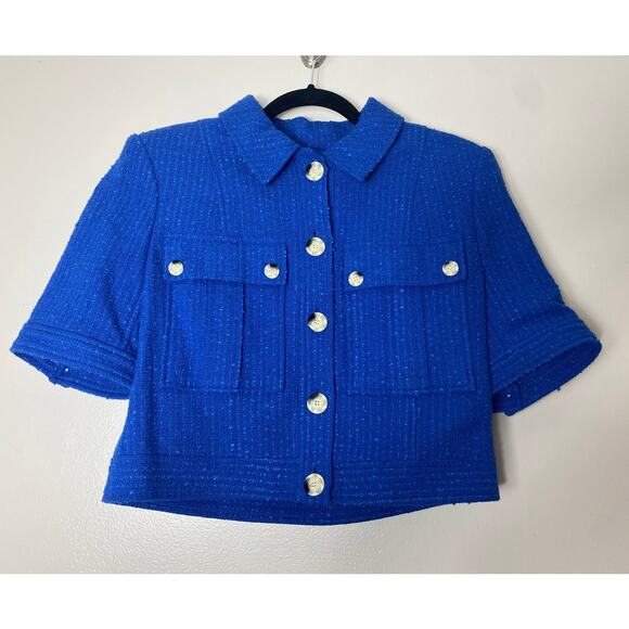 VERONICA BEARD BLAZER JACKET 8 BLUE TWEED CROPPED SHORT SLEEVE ROSALINA COTTON - Picture 6 of 16